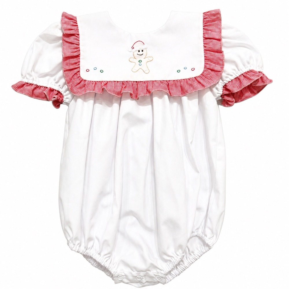 Auraluz Christmas Gingerbread Hand Embroidered Gingham Ruffle Bubble Romper 6M